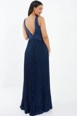 Navy Shimmer Pleated Maxi Dress -Dazzle Dresses 00100035935 XB