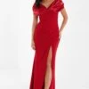 Red Satin Bardot Maxi Dress