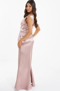 Pink Satin Wrap Split Leg Maxi Dress -Dazzle Dresses 00100035939 XB