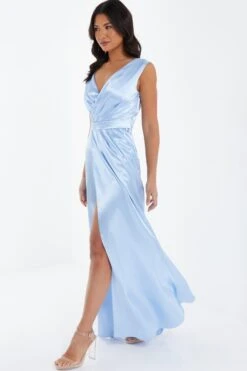 Light Blue Satin Wrap Split Leg Maxi Dress -Dazzle Dresses 00100035941 XS