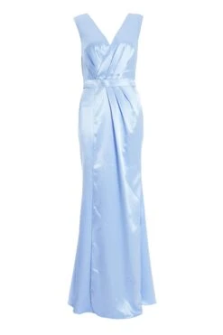 Light Blue Satin Wrap Split Leg Maxi Dress