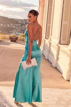 Aqua Satin Cross Back Maxi Dress -Dazzle Dresses 00100035943 XB