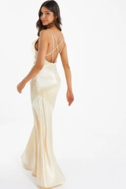 Champagne Satin Cross Back Maxi Dress -Dazzle Dresses 00100035945 XB