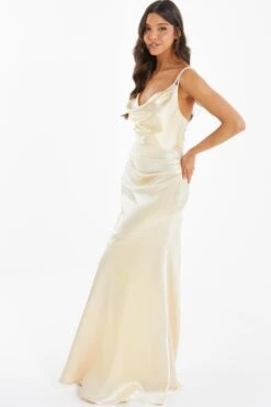 Champagne Satin Cross Back Maxi Dress -Dazzle Dresses 00100035945 XS