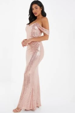 Blush Pink Sequin Ruched Maxi Dress -Dazzle Dresses 00100035947 XS