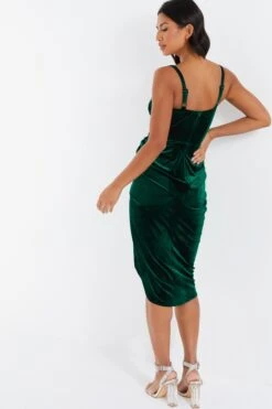 Bottle Green Velvet Ruched Midi Dress -Dazzle Dresses 00100036001 XB