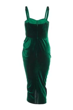 Bottle Green Velvet Ruched Midi Dress -Dazzle Dresses 00100036001 ZB