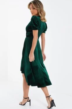 Bottle Green Velvet Wrap Midi Dress -Dazzle Dresses 00100036005 XB