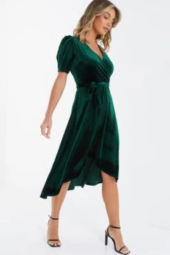 Bottle Green Velvet Wrap Midi Dress -Dazzle Dresses 00100036005 XS