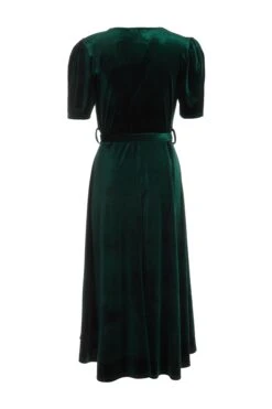 Bottle Green Velvet Wrap Midi Dress -Dazzle Dresses 00100036005 ZB