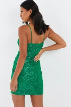 Green Sequin Wrap Mini Dress -Dazzle Dresses 00100036006 XB
