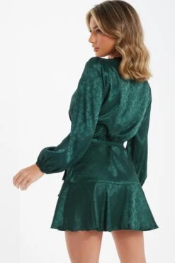 Bottle Green Satin Jacquard Floral Mini Dress -Dazzle Dresses 00100036024 XB