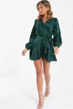 Bottle Green Satin Jacquard Floral Mini Dress -Dazzle Dresses 00100036024 XS