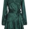 Bottle Green Satin Jacquard Floral Mini Dress