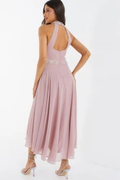 Pink Embellished Chiffon High Neck Midaxi Dress -Dazzle Dresses 00100036088 XB