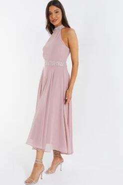 Pink Embellished Chiffon High Neck Midaxi Dress -Dazzle Dresses 00100036088 XS