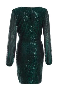 Bottle Green Sequin Sash Bodycon Dress -Dazzle Dresses 00100036112 ZB