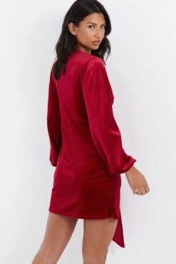 Red Velvet Sash Bodycon Dress -Dazzle Dresses 00100036114 XB