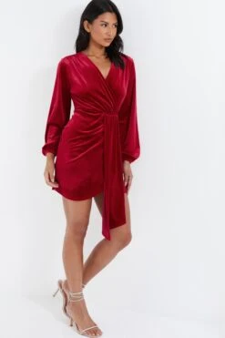 Red Velvet Sash Bodycon Dress -Dazzle Dresses 00100036114 XS