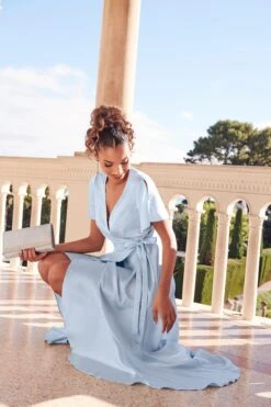 Light Blue Satin Wrap Maxi Dress -Dazzle Dresses 00100036140 XB