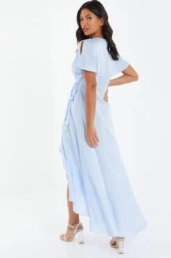 Light Blue Satin Wrap Maxi Dress -Dazzle Dresses 00100036140 XS