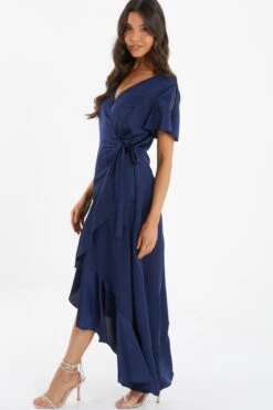 Navy Satin Wrap Maxi Dress -Dazzle Dresses 00100036141 XS