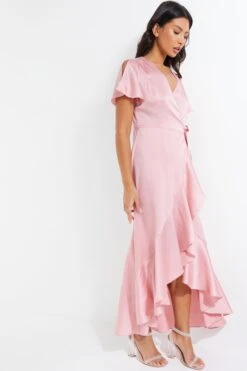 Pink Satin Wrap Maxi Dress -Dazzle Dresses 00100036142 XS