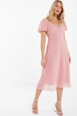 Pink Chiffon Crinkle Midi Dress -Dazzle Dresses 00100036160 XS