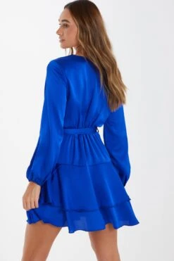 Blue Satin Wrap Mini Skater Dress -Dazzle Dresses 00100036162 XB