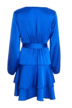 Blue Satin Wrap Mini Skater Dress -Dazzle Dresses 00100036162 ZB