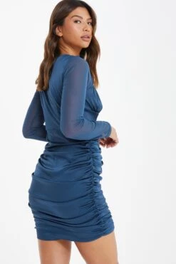 Blue Satin Ruched Mini Dress -Dazzle Dresses 00100036170 XB