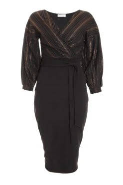 Black Shimmer Wrap Bodycon Midi Dress