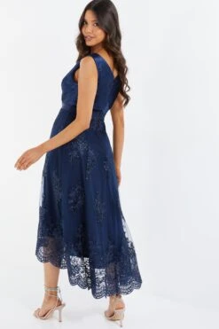 Navy Embroidered Dip Hem Dress -Dazzle Dresses 00100036183 XB