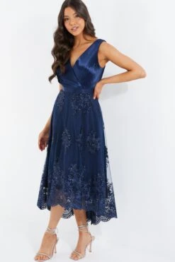 Navy Embroidered Dip Hem Dress -Dazzle Dresses 00100036183 XS