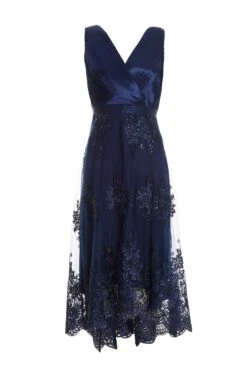 Navy Embroidered Dip Hem Dress