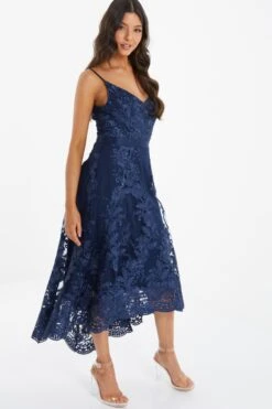 Navy Lace Dip Hem Strappy Midi Dress -Dazzle Dresses 00100036185 XS