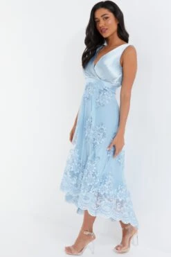 Blue Embroidered Dip Hem Dress 9 Blue Embroidered Dip Hem Dress -Dazzle Dresses 00100036187 XS