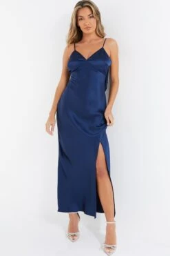 Blue Satin Bow Midaxi Dress -Dazzle Dresses 00100036242 XB