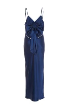 Blue Satin Bow Midaxi Dress -Dazzle Dresses 00100036242 ZB