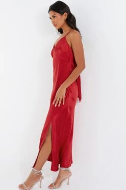 Red Satin Bow Midaxi Dress -Dazzle Dresses 00100036243 XS