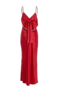 Red Satin Bow Midaxi Dress -Dazzle Dresses 00100036243 ZB