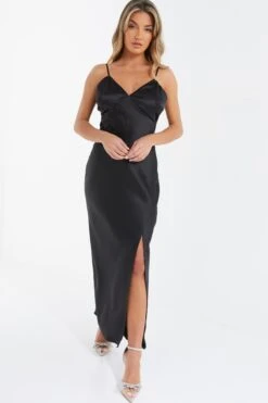Black Satin Bow Midaxi Dress -Dazzle Dresses 00100036244 XB