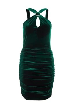 Bottle Green Velvet Diamante Halter Neck Dress