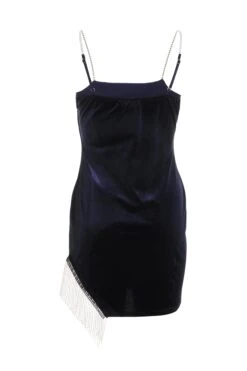 Blue Velvet Diamante Trim Mini Dress -Dazzle Dresses 00100036275 ZB