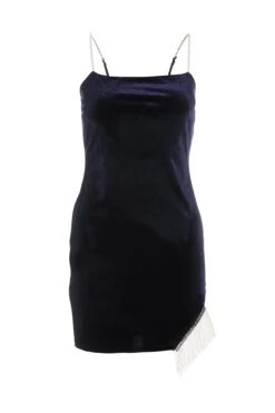 Blue Velvet Diamante Trim Mini Dress