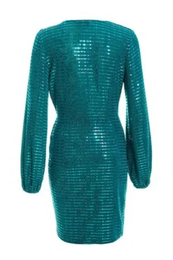 Teal Sequin Ruched Bodycon Mini Dress -Dazzle Dresses 00100036282 ZB