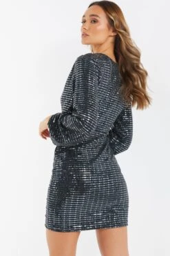 Black Sequin Ruched Bodycon Mini Dress -Dazzle Dresses 00100036283 XB