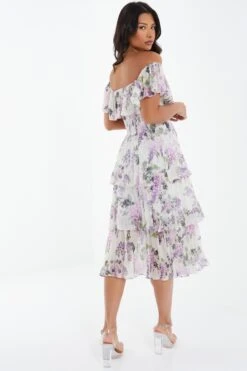 White Chiffon Floral Bardot Midi Dress -Dazzle Dresses 00100036289 XB
