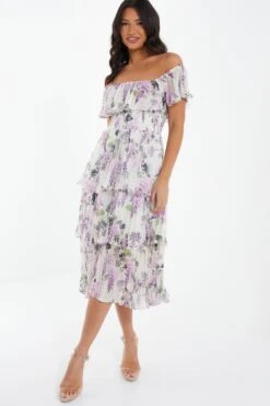 White Chiffon Floral Bardot Midi Dress -Dazzle Dresses 00100036289 XS