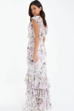 White Chiffon Floral Frill Maxi Dress -Dazzle Dresses 00100036290 XB